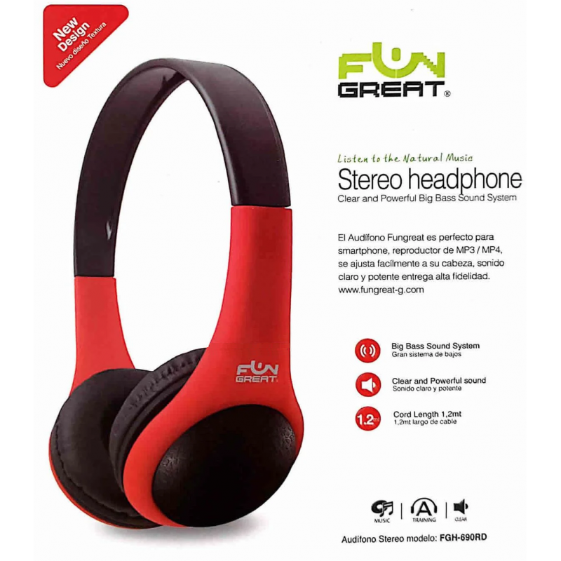 FUNGREAT - Audífonos Head Band Rojo/Negro.